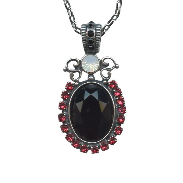 Mariana Necklace Pendant Gorgeous Jet, Padparadscha, & White Opal Austrian Crystals Silk Road Coll.