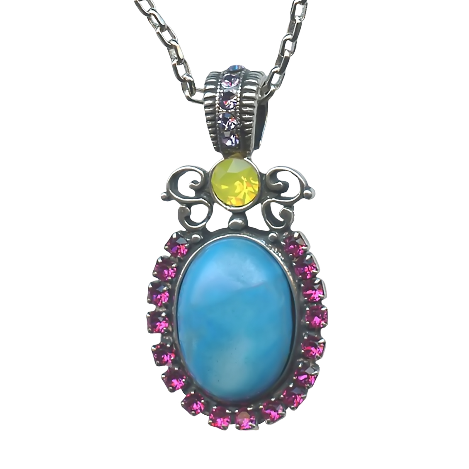 N-5023-6-M333-1-SP (1) Mariana Necklace Pendant Sassy Howlite Chinese Turq Mineral, Fuchsia, Violet, & Yellow Opal Austrian Crystals Caribbean Life Coll. - Image 1