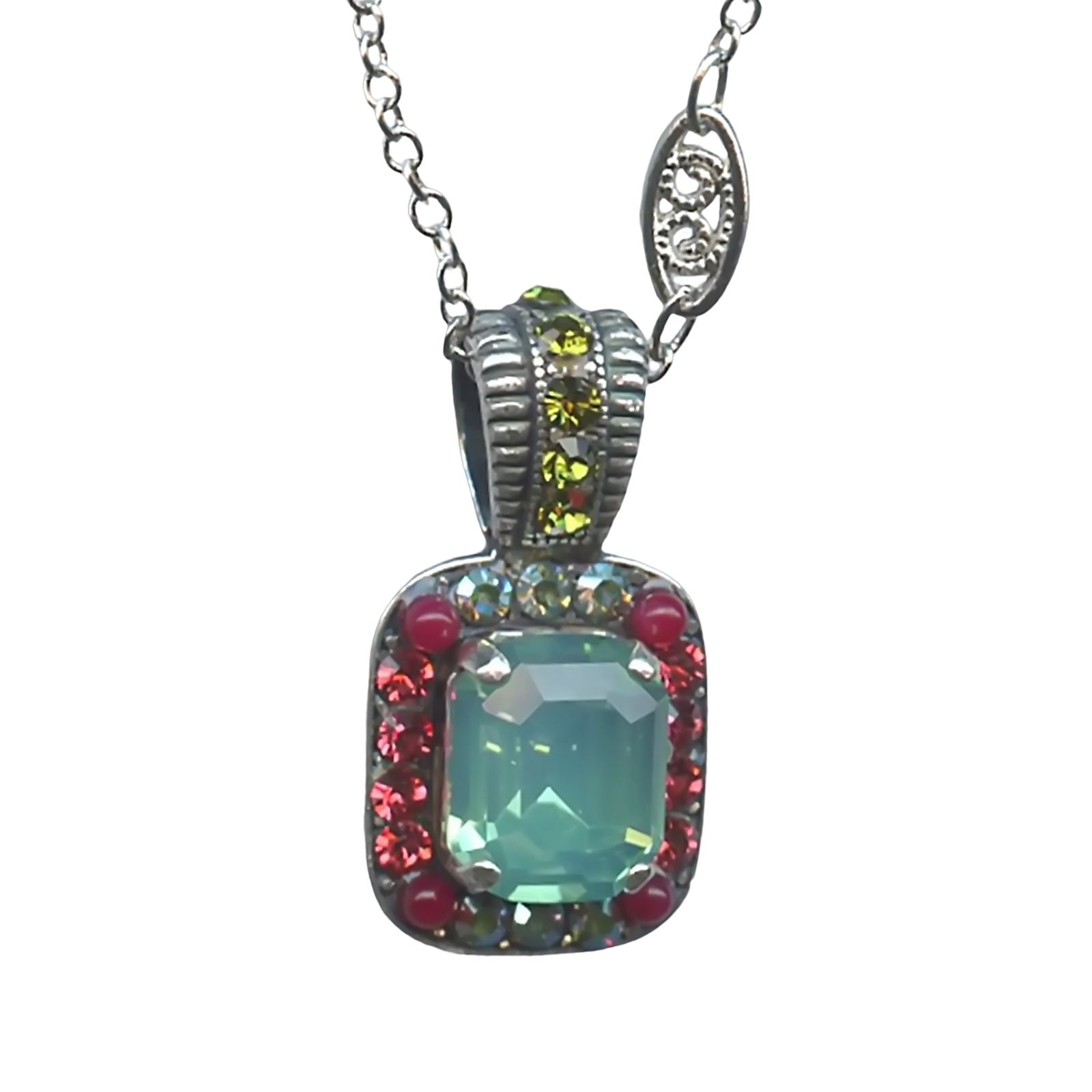 N-5040-3-1052-SP (1) Mariana Necklace Pendant Charming Pacific Opal, AB, Olivine, Padparadscha, & Red Coral Austrian Crystals Silk Road Coll. - Image 1