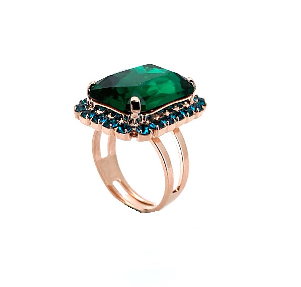 R-7179-205-RG (2) Ring By Mariana Woman Glamorous Emerald and Blue Zircon Swarovski Crystals - Image 1