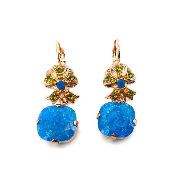 Earrings By Mariana Kokomo Songbook Coll.  Drop Turquoise Cushion Shape & Yellow Austrian Crystals Rose Gold