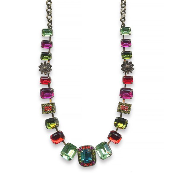 Mariana Necklace Tiger Lily East Meets West Coll. Finely Detailed Grass Green, Fuchsia, Olivine, Siam, Orange, & Blue Zircon Austrian Crystals