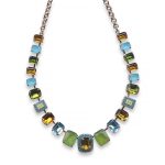 Mariana Necklace Luscious Topaz, Blue Opal, Olivine, Lt Sapphire, & Apple Green Austrian Crystals Kokomo Songbook Coll.