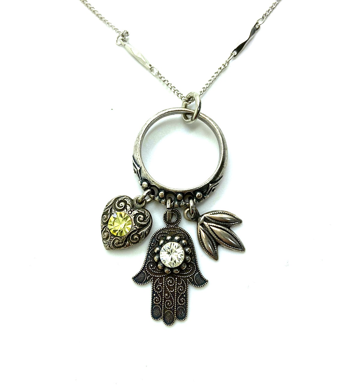 N-5028-5-001-6-SP (3) Mariana Necklace Pendant Hamsa & Charms Clear & Jonquil Austrian Crystals My Treasures Coll. - Image 1