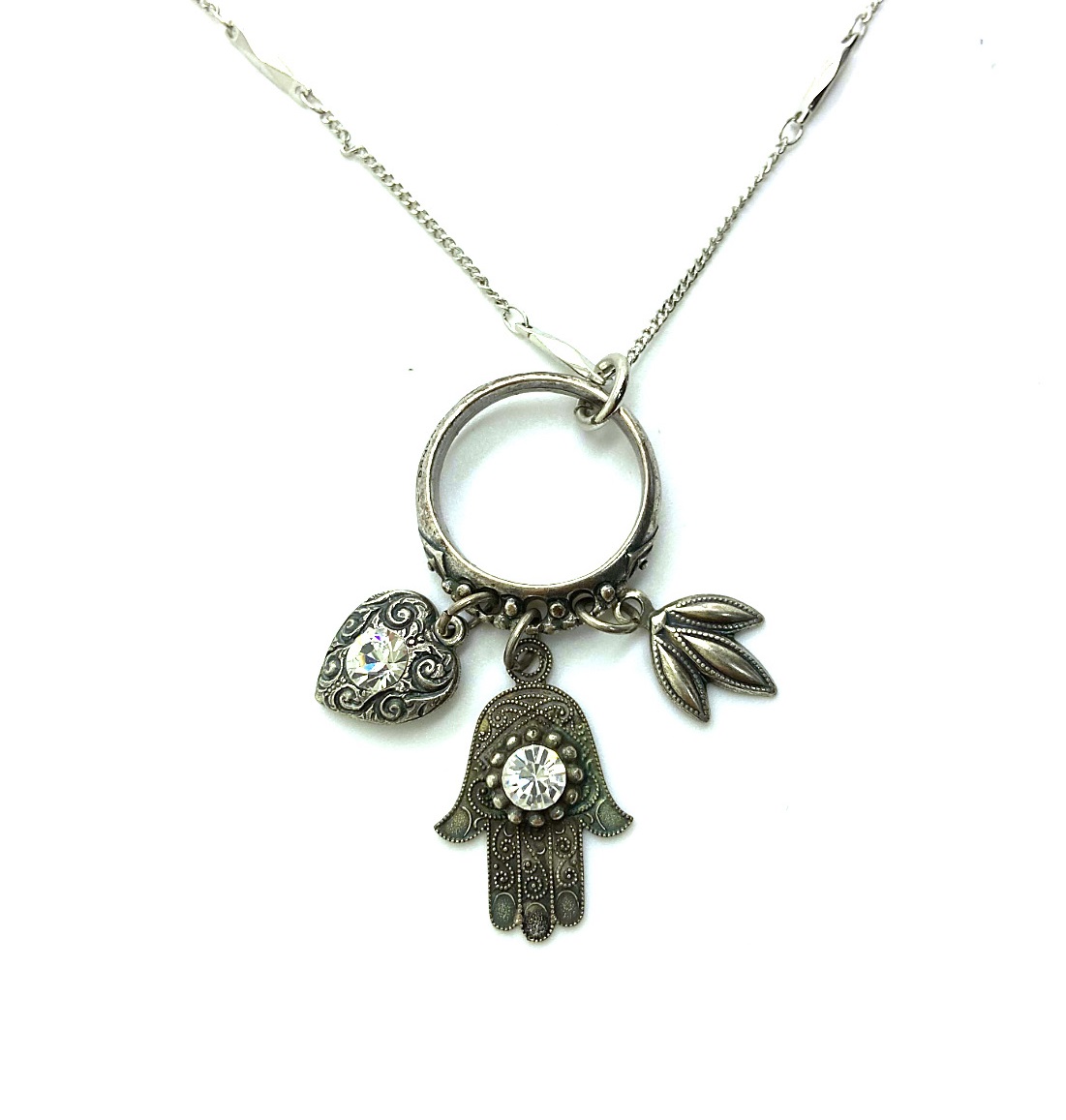N-5028-5-001001-SP (3) Mariana Necklace Pendant Finely Detailed Hamsa Clear Austrian Crystals My Treasures Coll. - Image 1