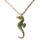 Mariana Necklace Pendant Sea Horse in Drk Green, Amethyst, & Blue Zircon Austrian Crystals Patience Inspiration Coll.