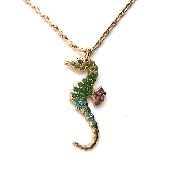Mariana Necklace Pendant Sea Horse in Drk Green, Amethyst, & Blue Zircon Austrian Crystals Patience Inspiration Coll.