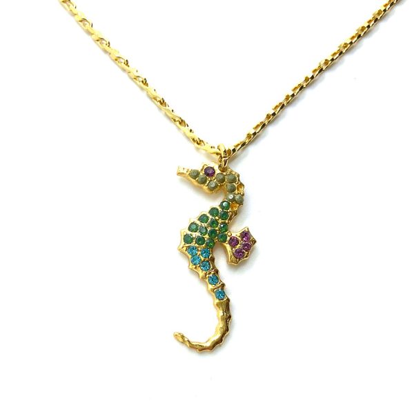 Mariana Necklace Pendant Sea Horse Encrusted Drk Green, Amethyst, & Blue Zircon Austrian Crystals Patience Inspiration Coll.