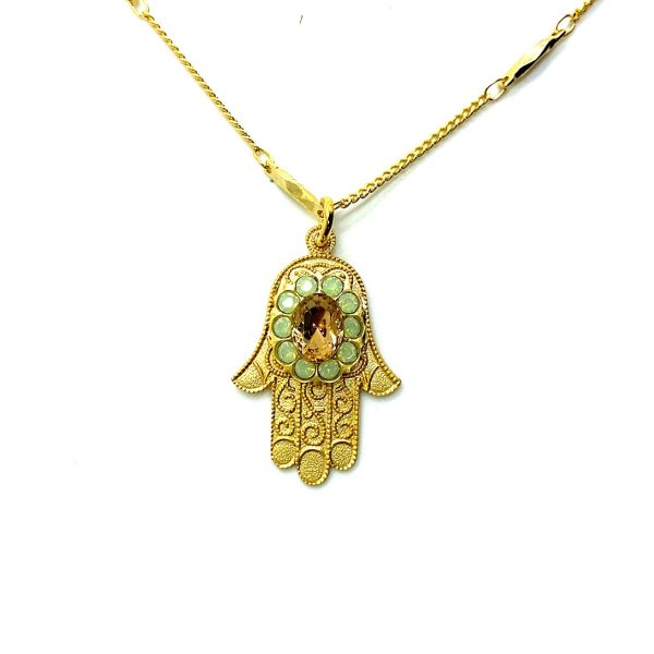Mariana Necklace Pendant Hamsa in Lt Peach & Chrysolite Opal Austrian Crystals Summer Palace Silk Road Coll.