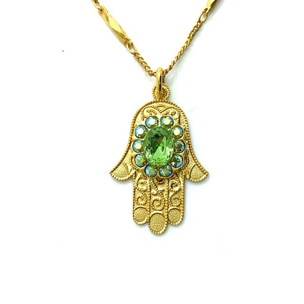 Mariana Necklace Pendant Hamsa in Peridot & AB Austrian Crystals Oasis Silk Road Coll.
