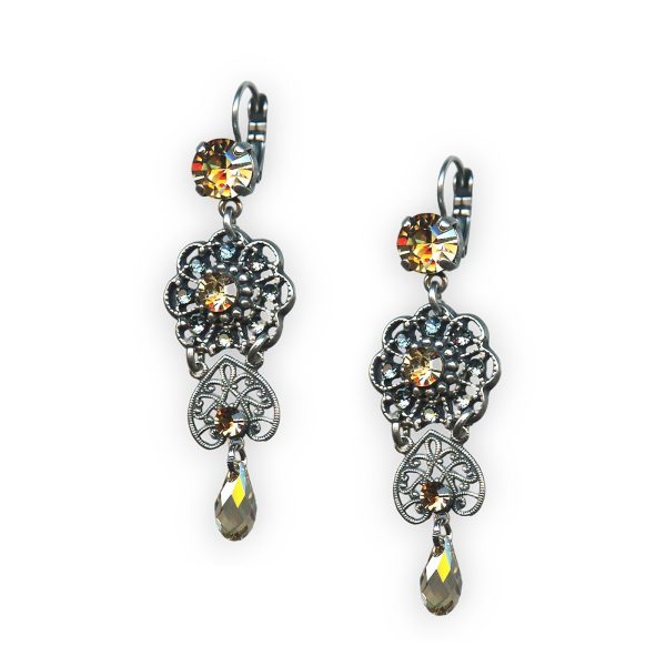 Mariana Earrings Floral Dangling Champagne, Pale Blue, & Amber Austrian Crystals Moondrops Cocktail Hour Coll.