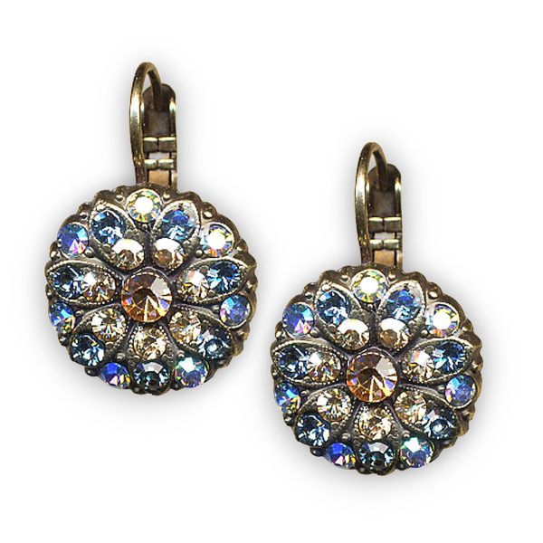Mariana Earrings Shimmering Floral Vitral Lt, Pale Blue, Champagne, & Amber Austrian Crystals Moondrops Cocktail Hour Coll.