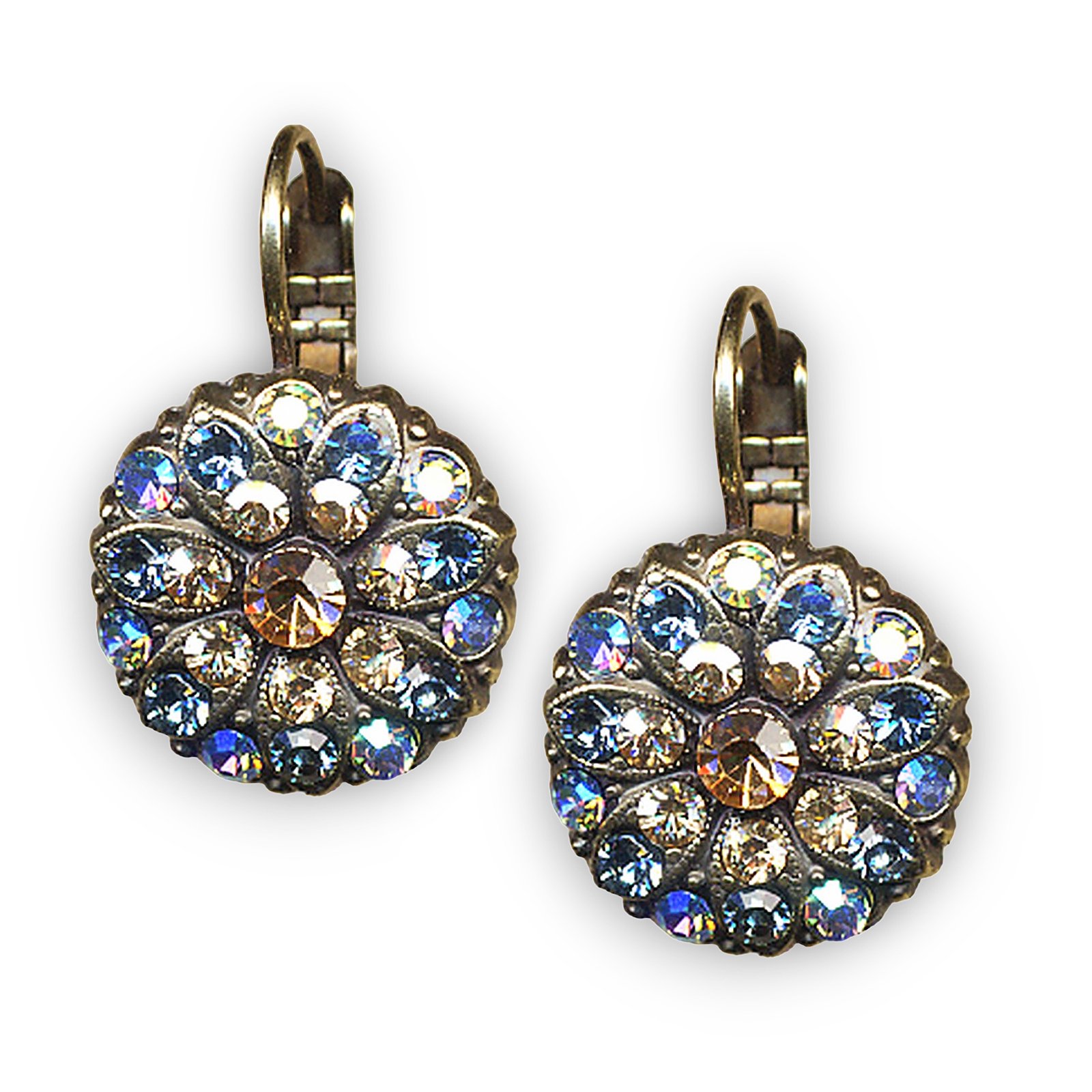 E-1029-216-3-EG6 (1) Mariana Earrings Shimmering Floral Vitral Lt, Pale Blue, Champagne, & Amber Austrian Crystals Moondrops Cocktail Hour Coll. - Image 1