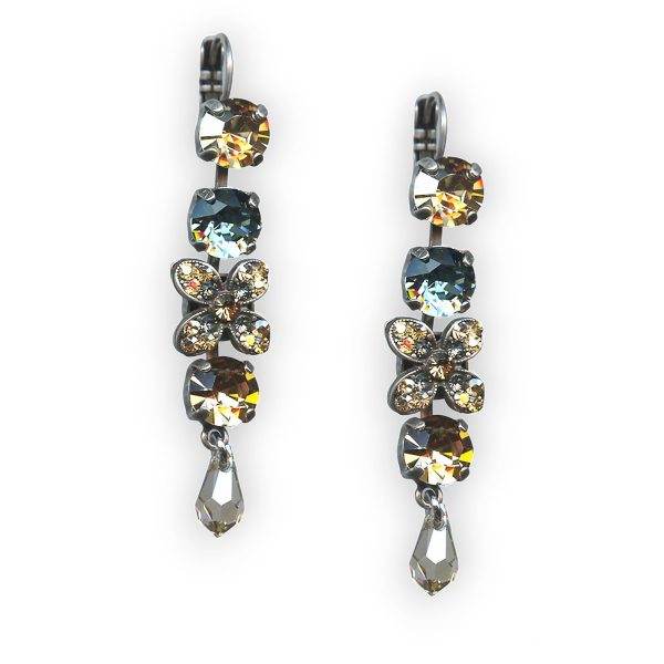 Mariana Earrings Dangling Floral Champagne, Amber, & Pale Blue Austrian Crystals Moondrops Cocktail Hour Coll.