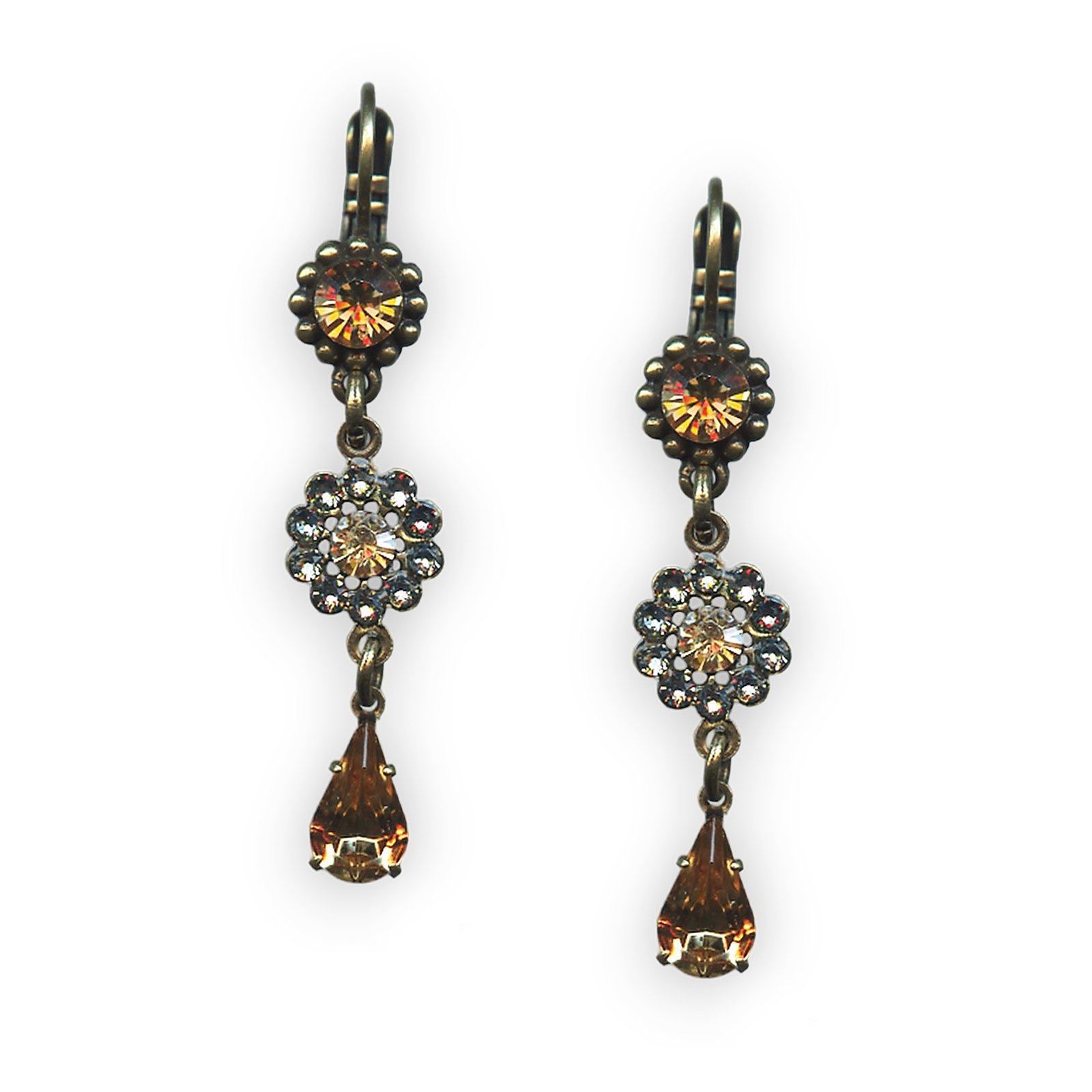 E-1111-216-3-EG6 (1) Mariana Earrings Charming Amber, Champagne, & Pale Blue Austrian Crystals Moondrops Cocktail Hour Coll. - Image 1