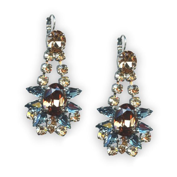 Mariana Earrings Chandelier Champagne, Amber, & Pale Blue Austrian Crystals Moondrops Cocktail Hour Coll.