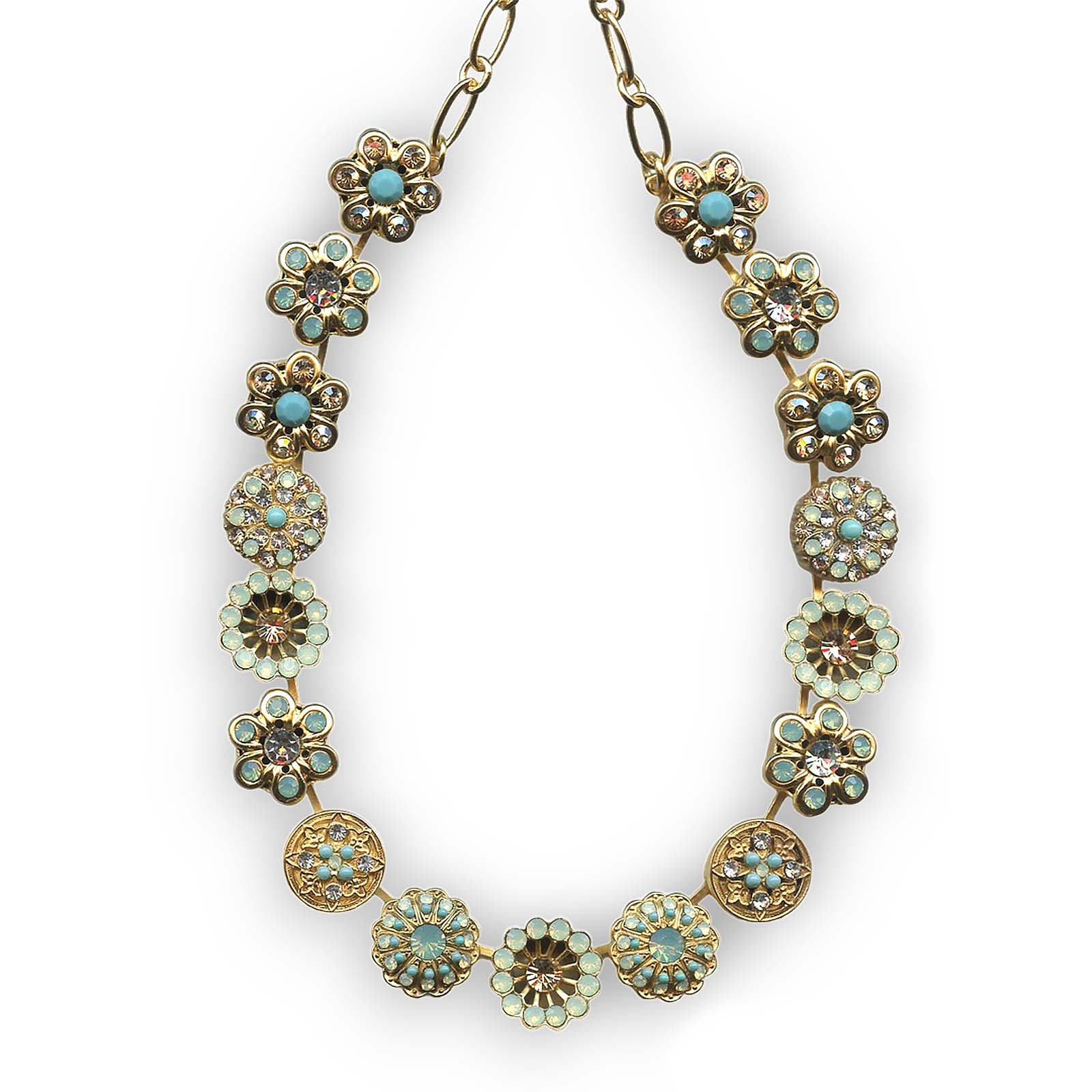 N-3138-1042-YG (1) Mariana Necklace Floral Chrysolite Opal, Lt Peach, Turq, & Clear Austrian Crystals Summer Palace Silk Road Coll. - Image 1