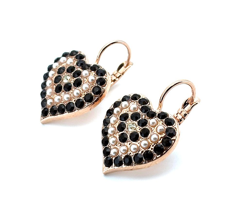 E-1007-1908-RG6 (3) Earrings By Mariana Woman Heart Shaped Jet and Pearl Swarovski Crystals - Image 1