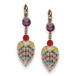 Earrings By Mariana Woman Leaf Dangling Fuchsia and Red Coral Swarovski Crystals