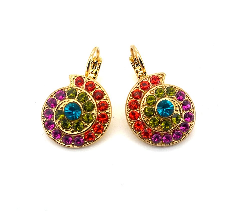 E-1079-1311-YG6 (3) Earrings By Mariana Tiger Lily Coll. Shell Encrusted Orange, Plum Purple, Grass Green, & Aqua Blue Austrian Crystals - Image 1