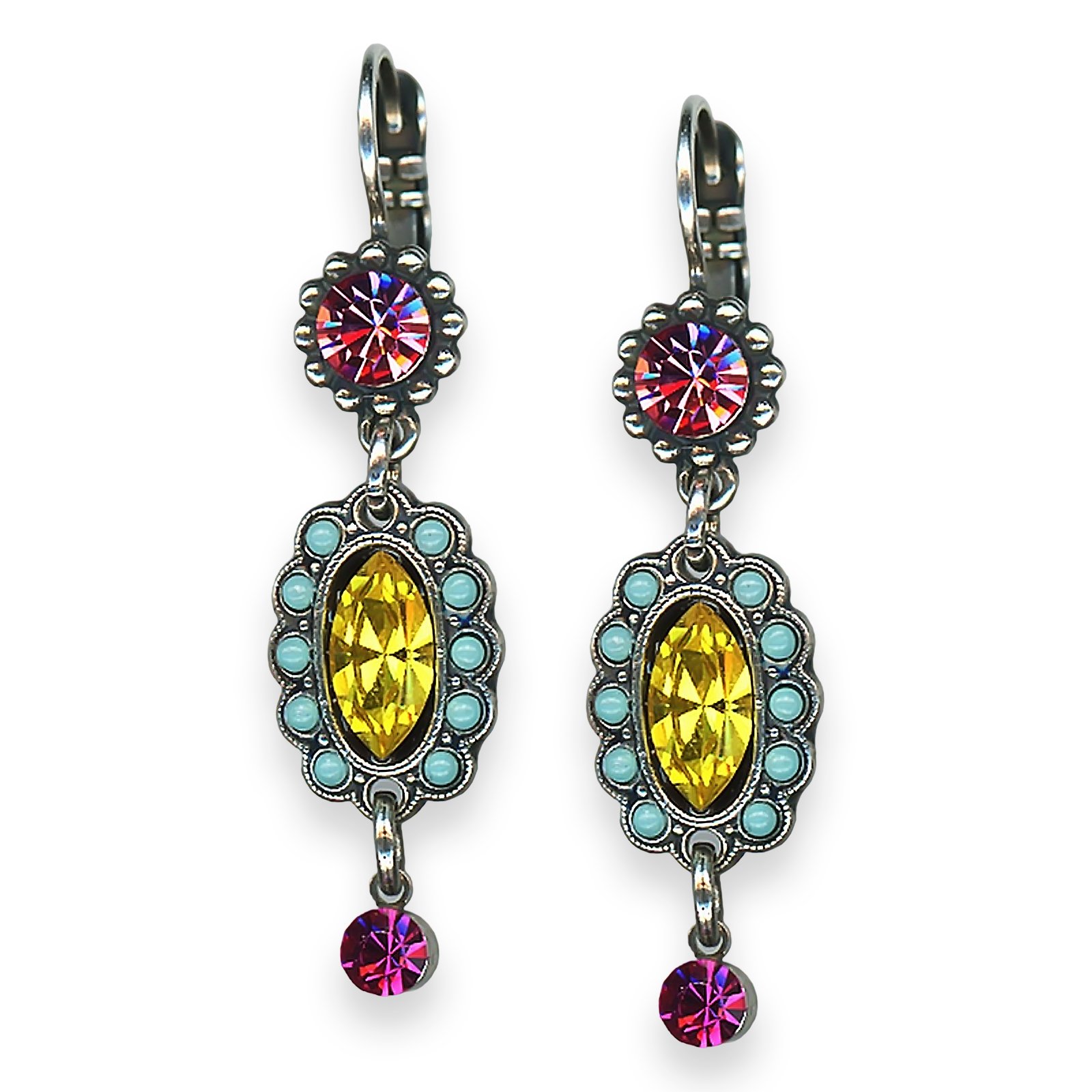 E-1092-1-1909-SP6 (1) Mariana Earrings Poppy Coll. Dangling Rose, Turq, Yellow, & Fuchsia Austrian Crystals - Image 1