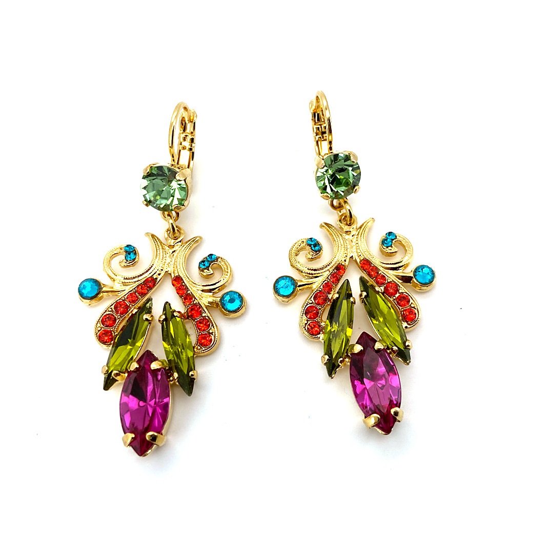 E-1182-3-1311-YG6 (1) Earrings By Mariana Tiger Lily Coll. Drop Grass Green, Orange, Aqua and Plum Purple Swarovski Crystals - Image 1