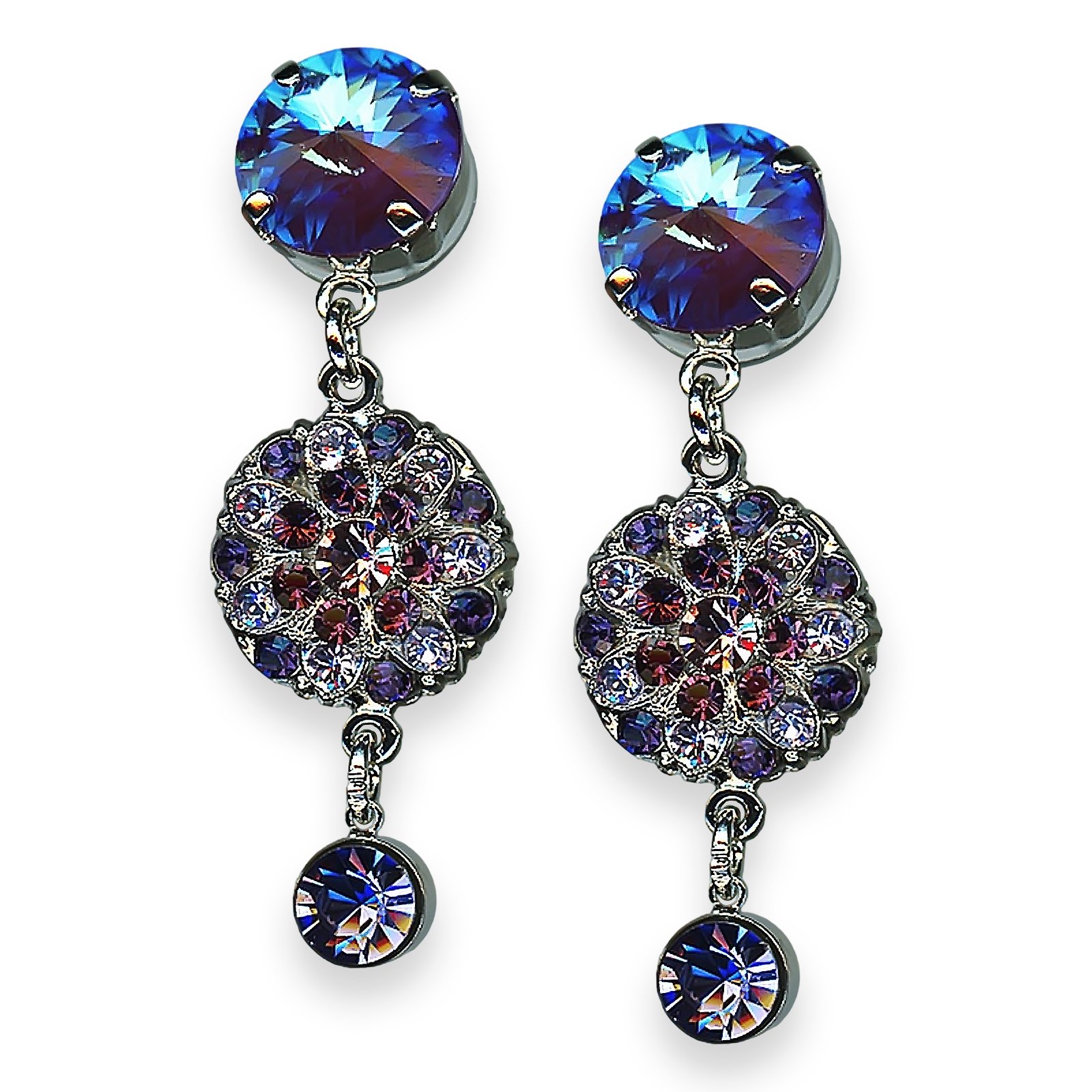 E-1279-1134-SP2 (1) Mariana Earrings Wildberry/ Mistry Coll. Floral Dangling Tanzanite, Purple Velvet, Amethyst, & Violet Austrian Crystals - Image 1
