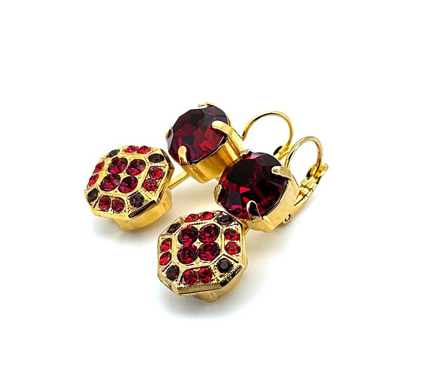 E-1420-5-1070-YG6 (2) Earrings By Mariana Woman Octagon Dangling Burgundy and Siam Swarovski Crystals - Image 1