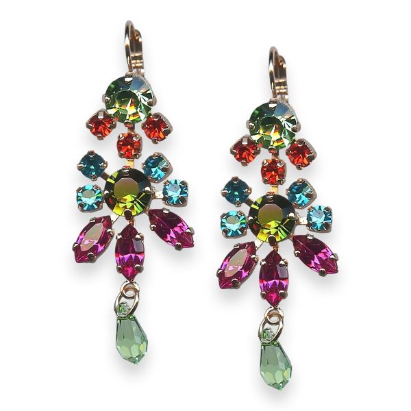 Mariana Earrings Tiger Lily Coll. Chandelier Grass Green, Orange, Aqua Blue, & Plum Purple Austrian Crystals