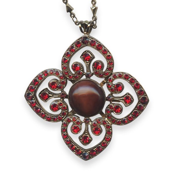 Mariana Necklace Pendant Lady In Red Coll. Elegant Brown Jasper Mineral, Siam, & Burgundy Austrian Crystals