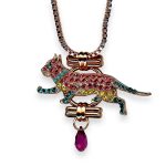 Mariana Necklace Pendant Poppy Coll. Jaguar Encrusted Rose, Turq, Yellow, Teal, & Fuchsia Austrian Crystals - Image 3