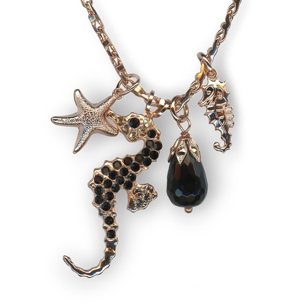 Mariana Necklace Pendant Seahorse in Onyx Mineral, Jet & Moonlight Austrian Crystals Black Orchid Botanica Coll.
