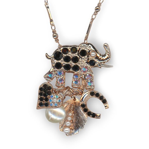 Mariana Necklace Pendant Elephant & Charms in Pearl Mineral, AB, & Jet Austrian Crystals Black Orchid Botanica Coll.
