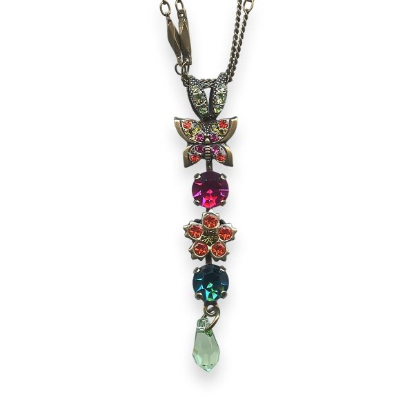 Mariana Necklace Pendant Tiger Lily Coll. Butterfly Dangling Grass Green, Orange, Plum Purple, & Aqua Blue Austrian Crystals