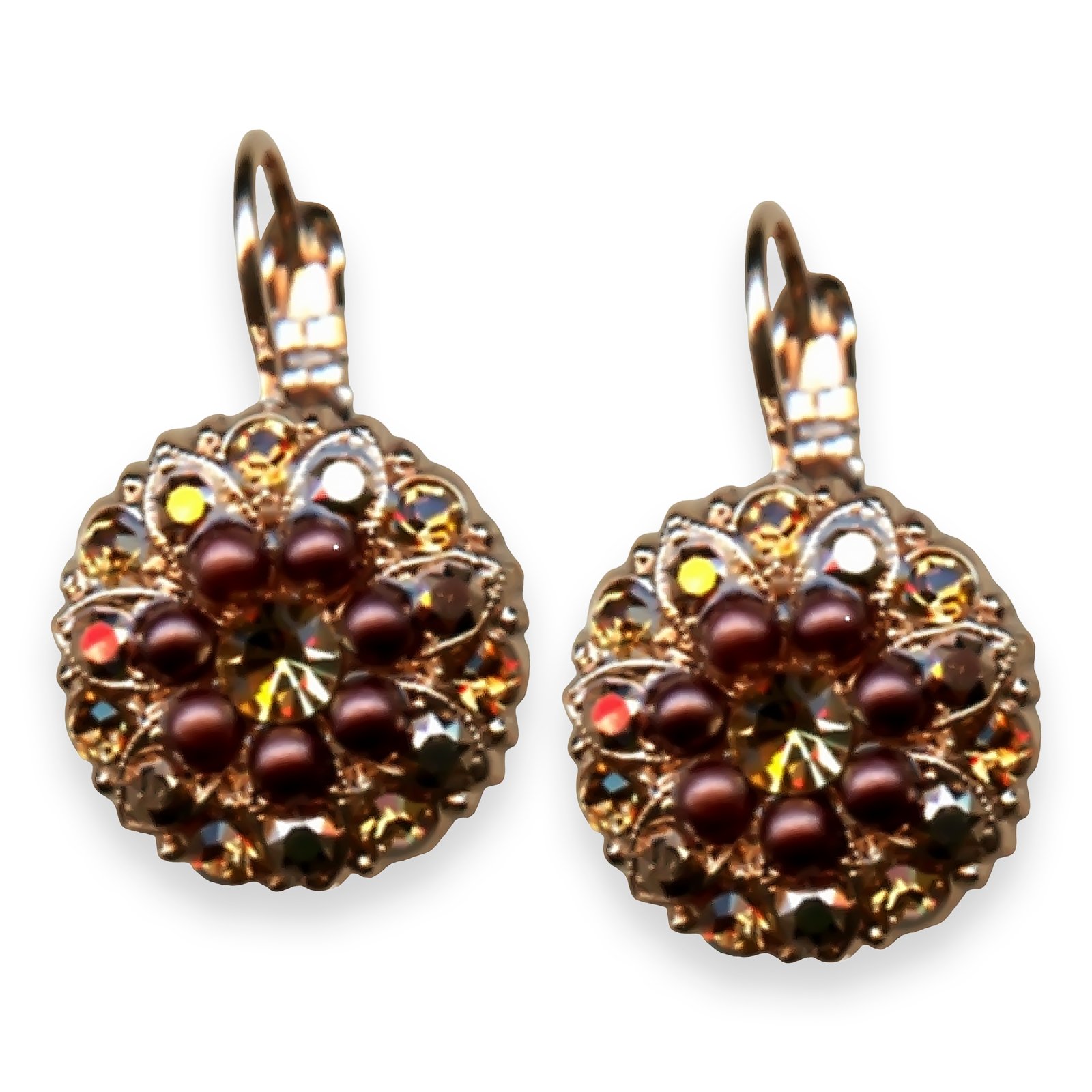 E-1029-1013-RG6 (1) Mariana Earrings Dancing in the Moonlight Coll. Floral Smoked Topaz, Aurum, & Chocolate Brown Austrian Crystals - Image 1