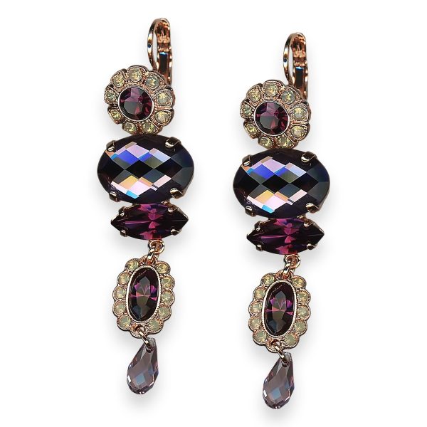 Mariana Earrings Bohemian Rhapsody Coll. Floral Dangling Amethyst, Jet, & Sand Opal Austrian Crystals