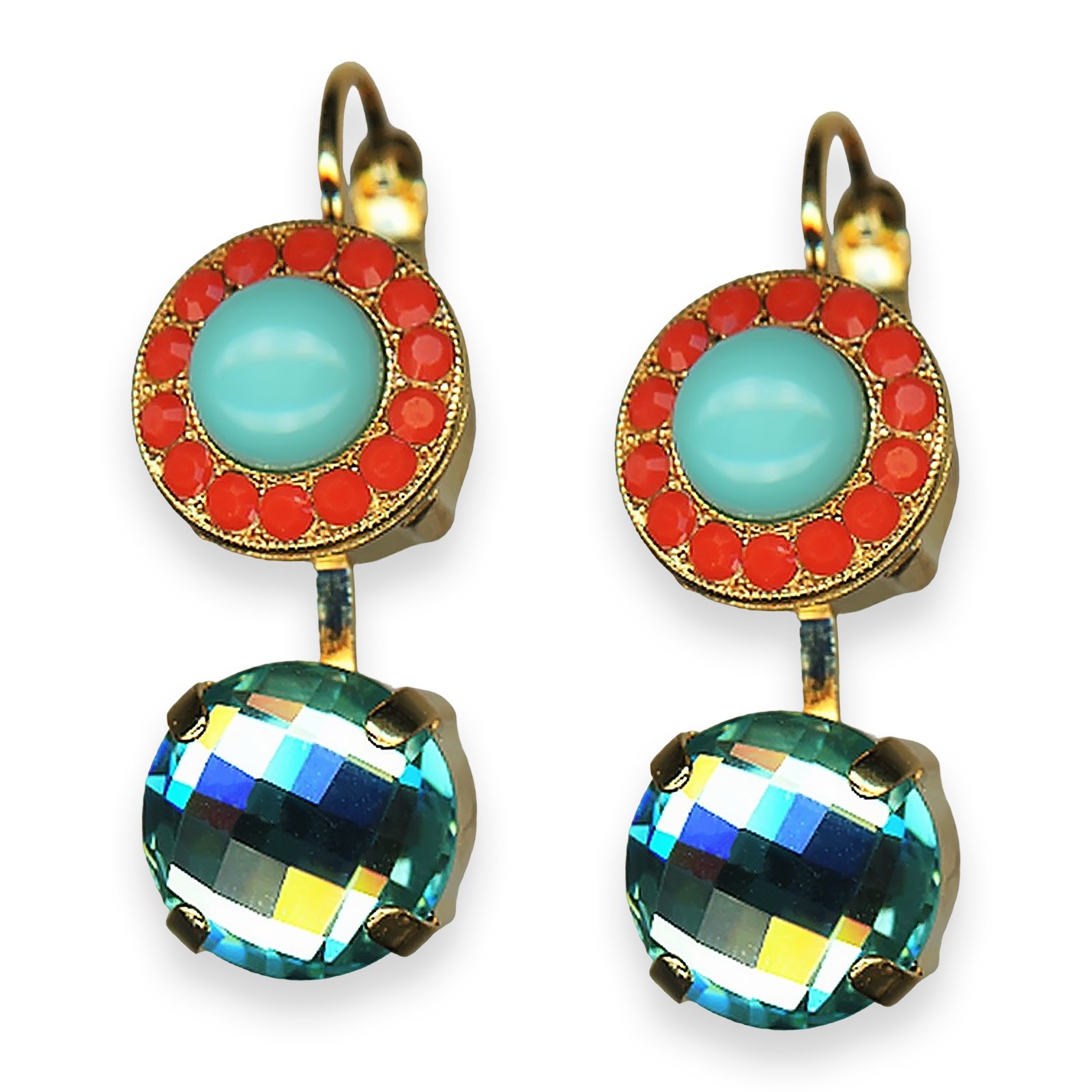 E-1084-M1079-YG6 (1) Mariana Earrings Serengeti Africa Coll. Sassy Turq Mineral, Coral & Lt Turq Austrian Crystals - Image 1