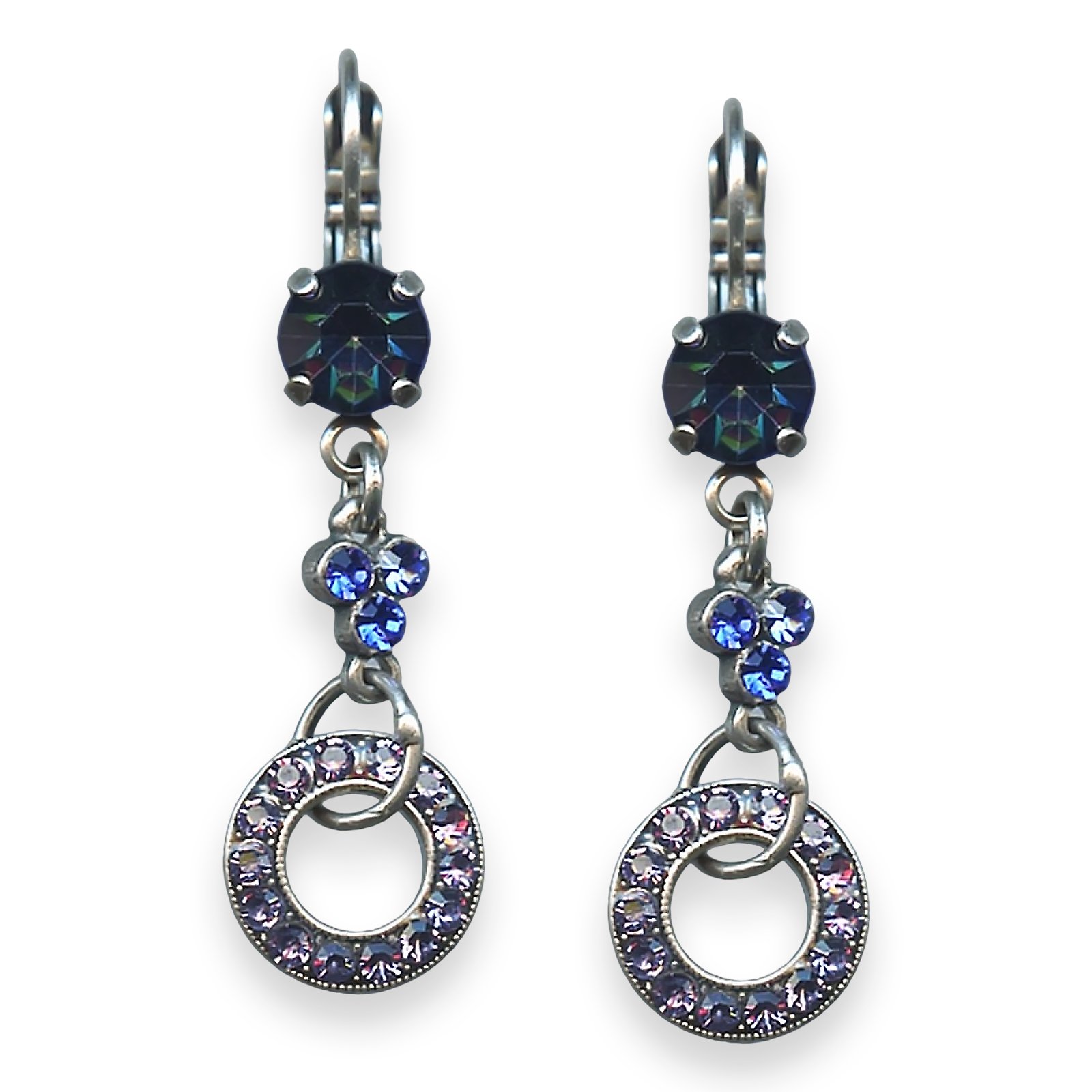 E-1254-1026-SP6 (1) Mariana Earrings Electra Coll. Halo Dangling Tanzanite, Sapphire, & Montana Blue Austrian Crystals - Image 1