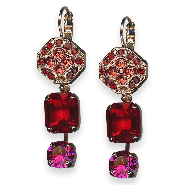 Mariana Earrings Firefly Coll. Octagon Dangling Red, Rose Peach, & Fuchsia Austrian Crystals