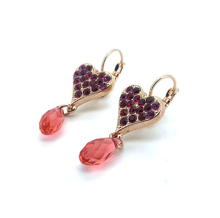 E-1322-2-2140-RG6 (3) Earrings By Mariana Firefly Coll. Heart Dangling Red, Fuchsia, & Rose Peach Austrian Crystals - Image 1