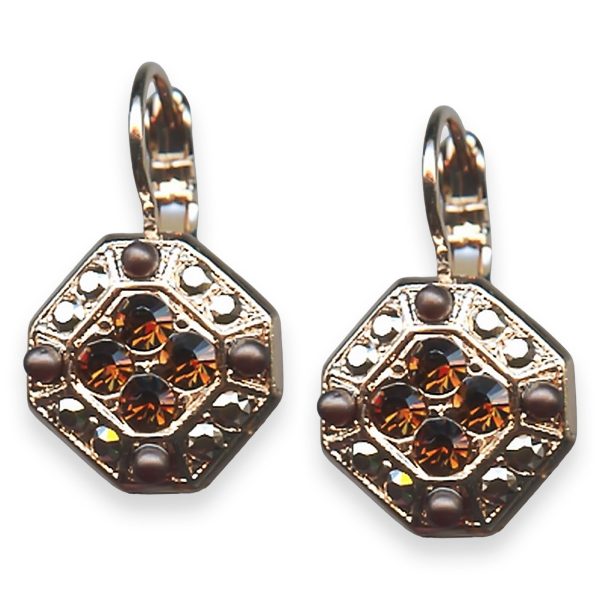 Mariana Earrings Dancing in the Moonlight Coll. Octagon Shaped Smoked Topaz, Aurum, & Chocolate Brown Austrian Crystals