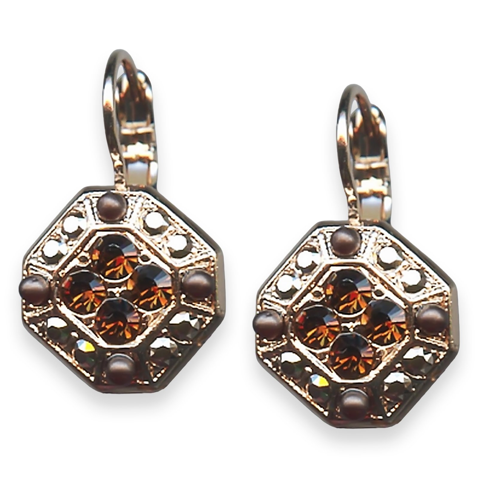 E-1420-4-1013-RG6 (1) Mariana Earrings Dancing in the Moonlight Coll. Octagon Shaped Smoked Topaz, Aurum, & Chocolate Brown Austrian Crystals - Image 1
