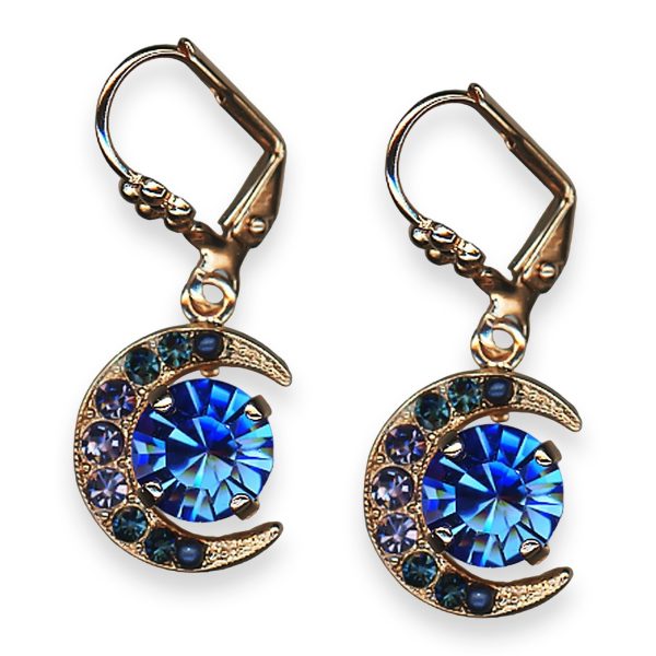 Mariana Earrings Electra Coll. Crescent Dangling Sapphire, Montana Blue, & Tanzanite Austrian Crystals