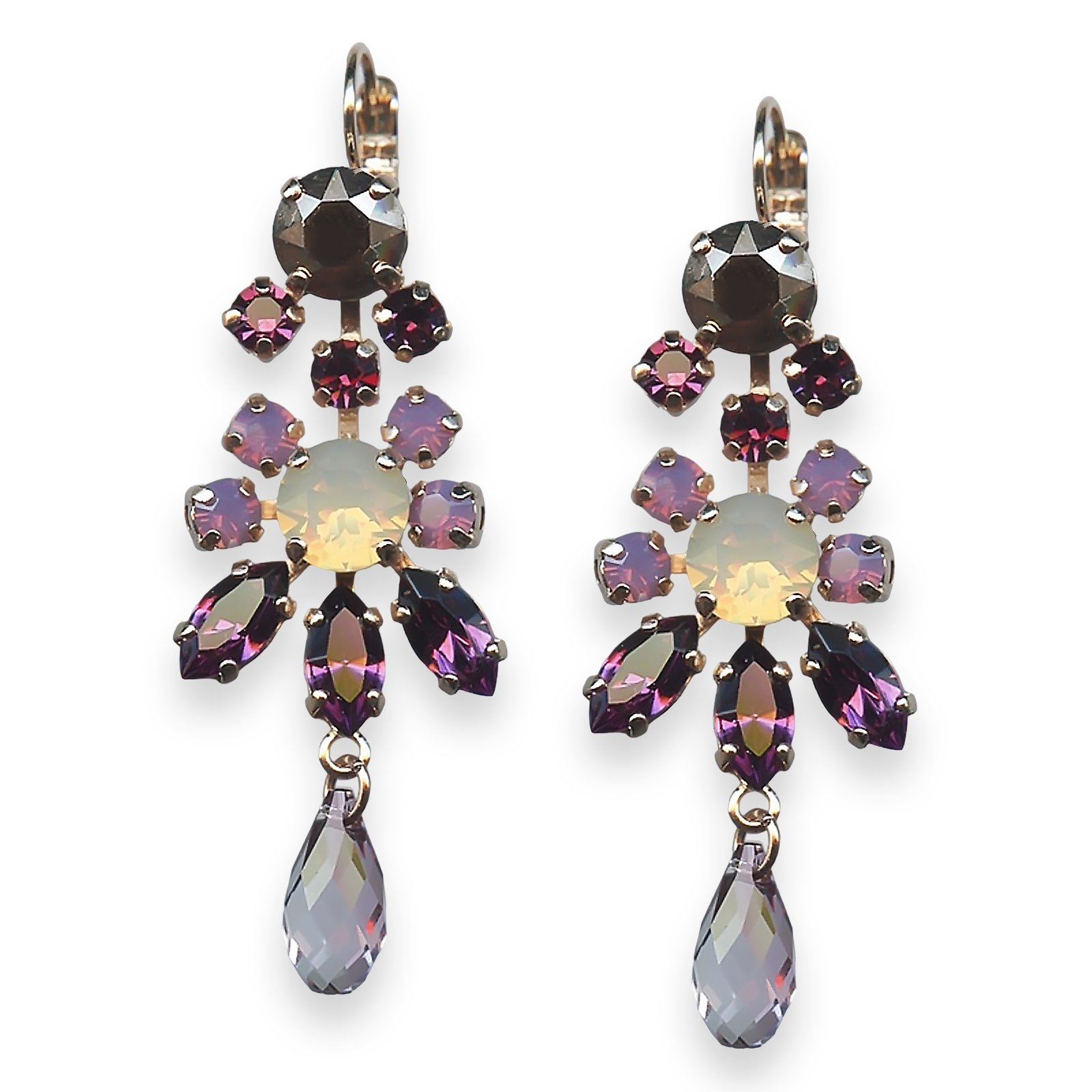 E-1529-1072-RG6 (1) Mariana Earrings Bohemian Rhapsody Coll. Chandelier Amethyst, Sand Opal, Lt Amethyst, Cyclamen Opal, & Aurum Austrian Crystals - Image 1