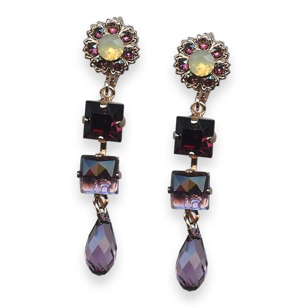 Mariana Earrings Bohemian Rhapsody Coll. Dangling Floral Amethyst, Sand Opal, & Lt Amethyst Austrian Crystals