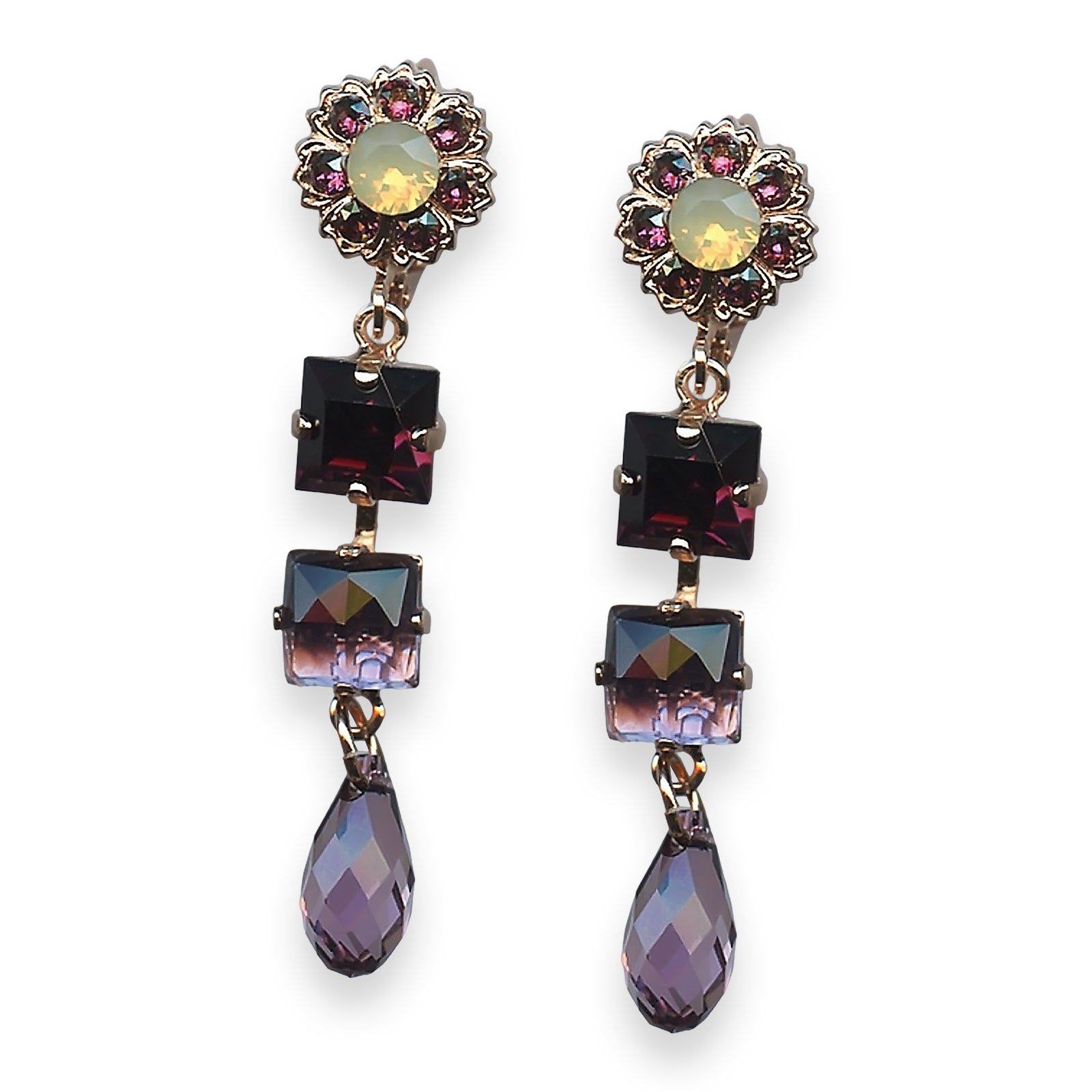 E-1531-2-M1072-RG2 (1) Mariana Earrings Bohemian Rhapsody Coll. Dangling Floral Amethyst, Sand Opal, & Lt Amethyst Austrian Crystals - Image 1
