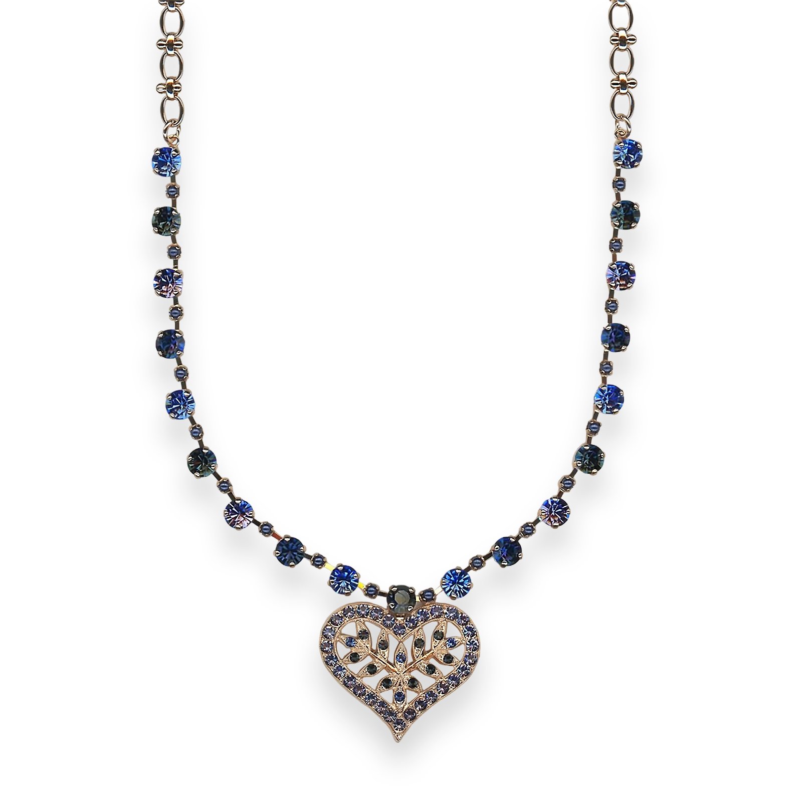 N-3173-5-1026-RG (1) Necklace By Mariana Woman Heart Encrusted Sapphire and Montana Blue Swarovski Crystals - Image 1