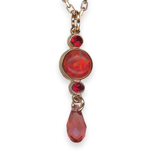 Mariana Necklace Pendant Firefly Coll. Ruby Synthetic Opal Mineral, Red, & Rose Peach Austrian Crystals