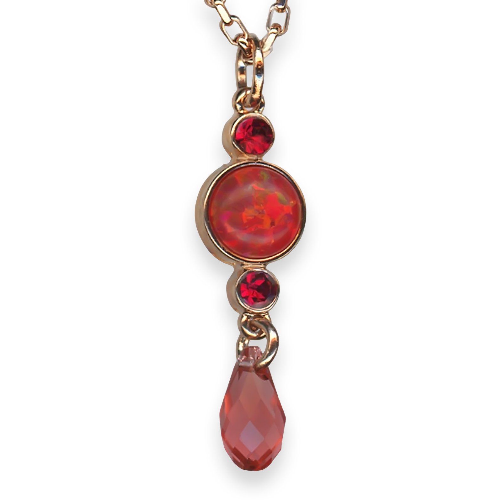 N-5062-2SO-M2140-RG (1) Mariana Necklace Pendant Firefly Coll. Ruby Synthetic Opal Mineral, Red, & Rose Peach Austrian Crystals - Image 1