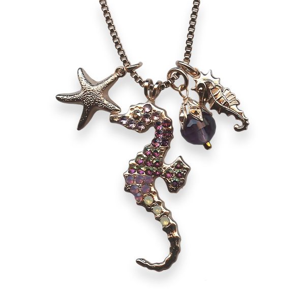 Mariana Necklace Pendant Bohemian Rhapsody Coll. Seahorse & Charms Amethyst, Cyclamen Opal, & Sand Opal Austrian Crystals